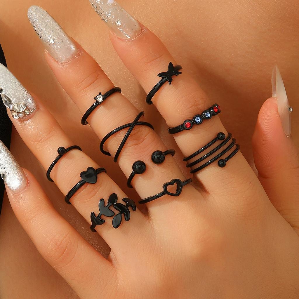 10pcs Iron Ring Multi-Layer Rhinestone Inlaid Ring Set Retro Exaggerated Multi-Layer Geometric Thin Ring Colorful Rhinestone Black Ring Set