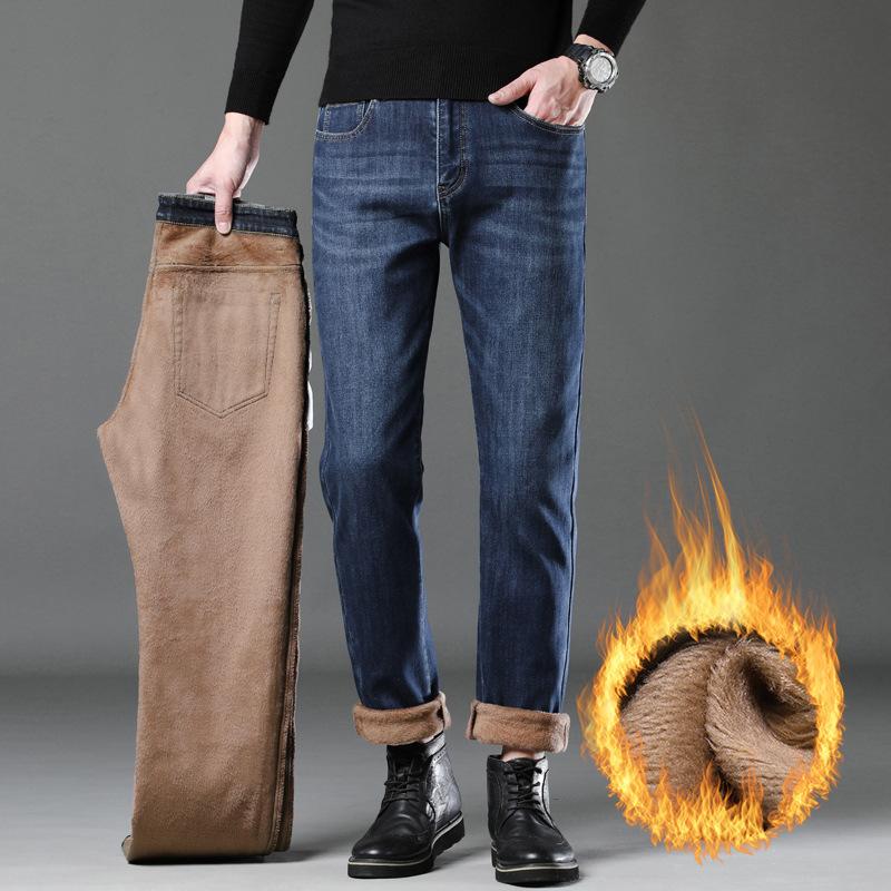 

2024 Осень/Зима Плотные и теплые высококачественные джинсы высокого класса с плюшем, свободные прямые, деловые мужские брюки 38