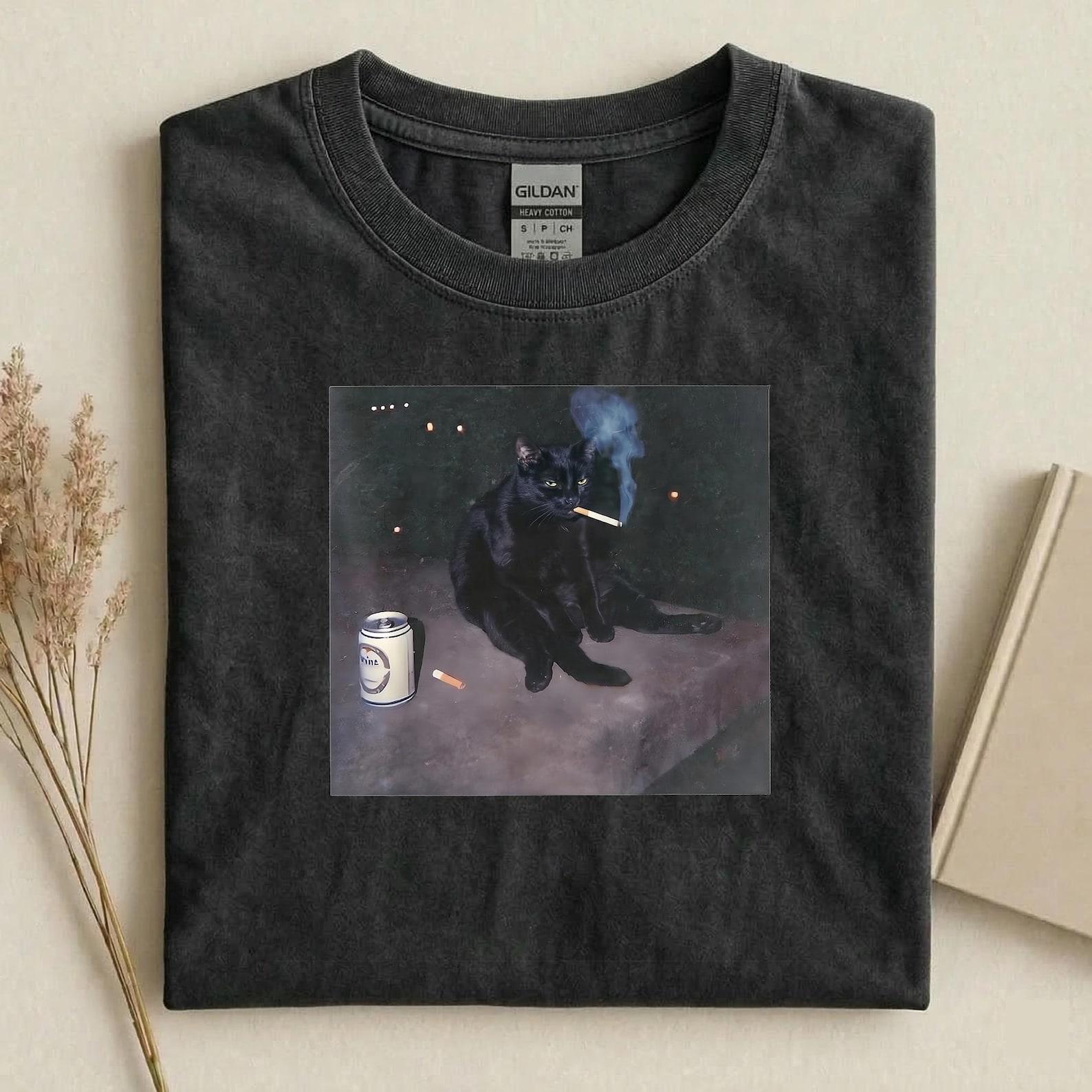 Black Cat Smoking Beer T-Shirt, Funny Dark Cat Graphic Tee, Sarcastic Cat Shirt, Dark Humor Animal Tee, Vintage Cat Shirt XL