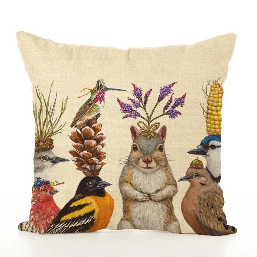 Decorative Cushion Cover Squirrel Bird Bear Fox Animal Printed Cotton Linen Pillowcase Couch Sofa Pillow Cover Living Room Decor