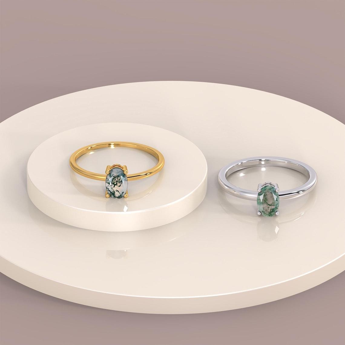 

925 Solid Silver Moss Agate Ring, Oval Moss Agate Solitaire Ring, Natural Green Moss Agate Jewelry, 6x4 mm Dainty Minimalist Design Unique Ring Gift US 13 зелений