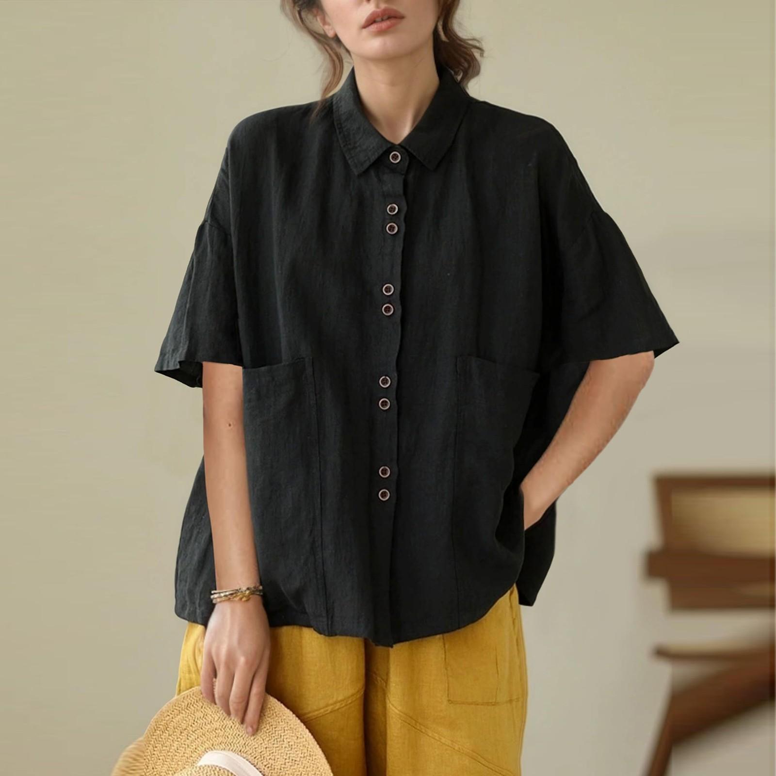 

Cotton And Linen Shirt Women s Large Pocket Lapel Mid-Sleeve Loose Shirt Casual Outerwear Top L чорний