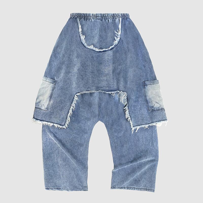 Women's Elastic Waist Loose Harem Denim Jogger Pants Frayed Ripped Patchwork Non Stretch Regular Weight Fall Street Punk Style Cropped Trouser