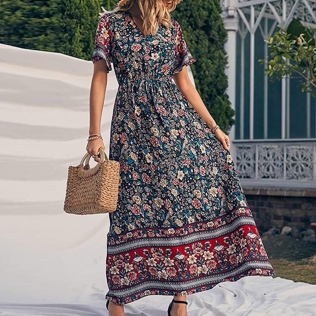 Ladies Fashion Casual Ethnic Bohemian Printed Vacation Beach Dress Long Skirt
