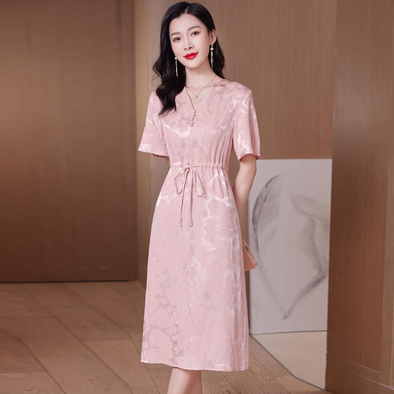 Silk dress mmi  women's v-neck jacquard mulberry silk skirt