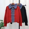 Autumn and Winter New Splicing Denim Double Zipper Knitted Cardigan Short Design Loose Sweater Jacket Women