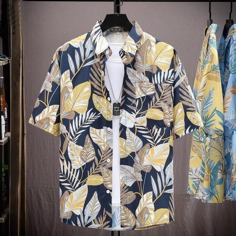 Floral shirt men's short-sleeved summer Hawaiian thin youth retro beach shirt