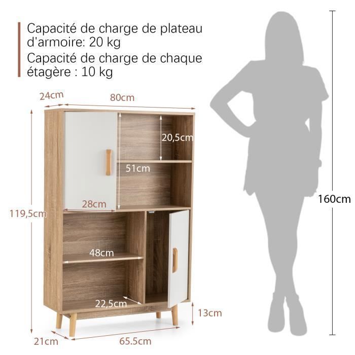 COSTWAY Bibliothèque à 4 Niveaux 80 x 24 x 120 CM, Meuble de Rangement avec portes, Étagères et Dispositif Anti-basculement,Blanc
