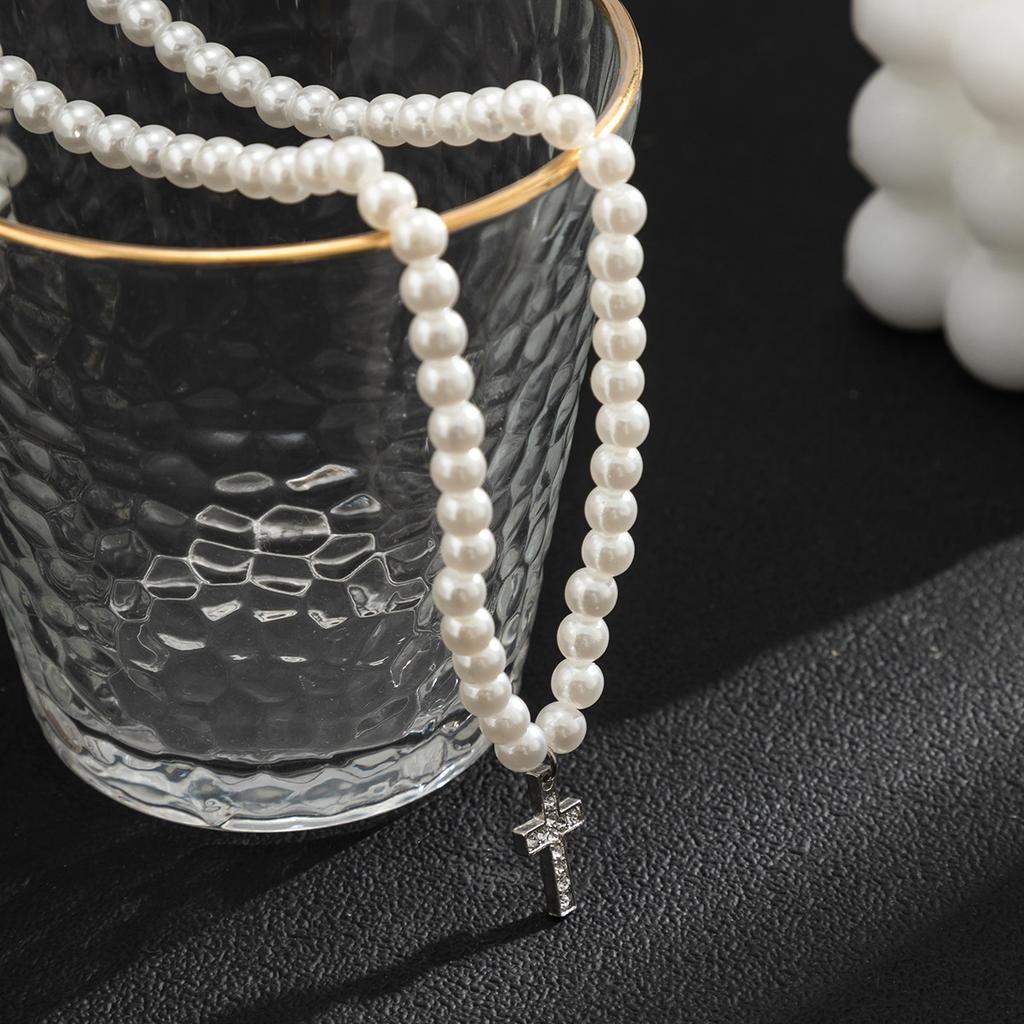 Vintage Pearl Cross Pendant Necklace For Men Women Punk Gothic Hiphop Jewelry Beads Chain Trendy Neck Accessories Christian Gift
