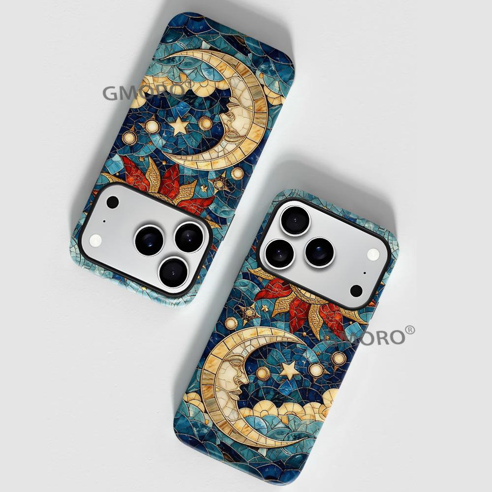 European Retro Mosaic Sun and Moon Face Mobile Phone Case Apple 17 Two-in-one Film Case iPhone15 Magnetic Case