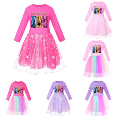Girls' Star-Print Skirt Round-Neck Long-Sleeve Colorful Lace Patchwork Dress