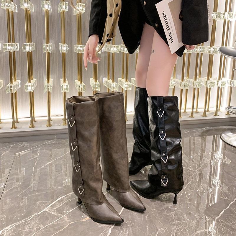 Women's Pointed Metal Buckle Trousers Tube Boots New Tall Riding Boots Black Short Tub Fashion Booties