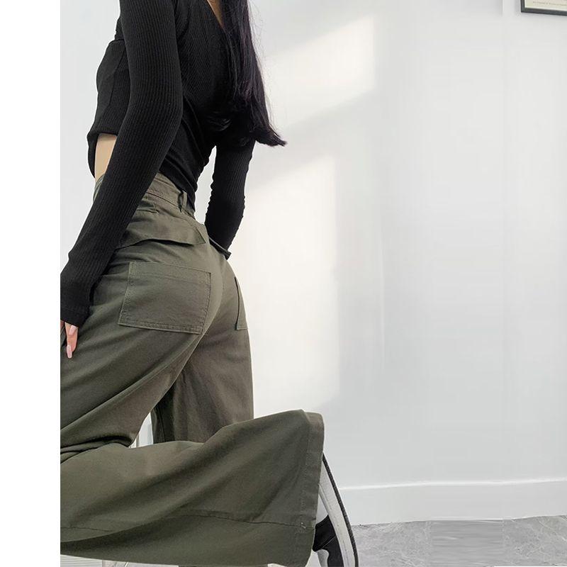 American Retro Multi-Pocket Ribbon Straight-leg Workwear Pants Women's Summer Stylish Loose High Waist Casual Pants Niche Style