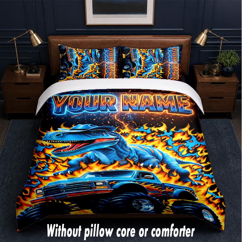 Monster Truck Theme Custom Text Or Name 3Pcs Bedding Set,1 Flat Sheet & 2 Pillowcases Personalized Home Bedding