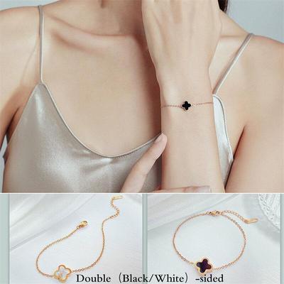 Temperament Dobbeltsidig armbånd i rustfritt stål Svart/skallfarge Firkløver Lucky Rose Gold Armbånd Elegant