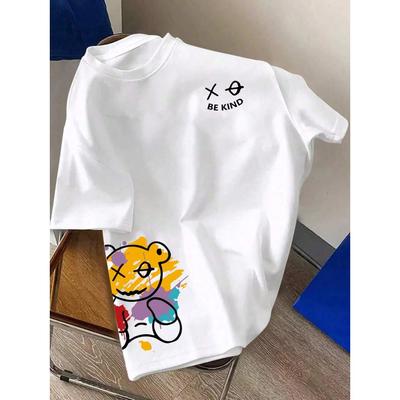 Cotton Men's 100% Pure Cotton Summer Loose Size BE KIND Letter Cartoon Print Casual Comfortable Round Neck Short Sleeved T-shirt Top