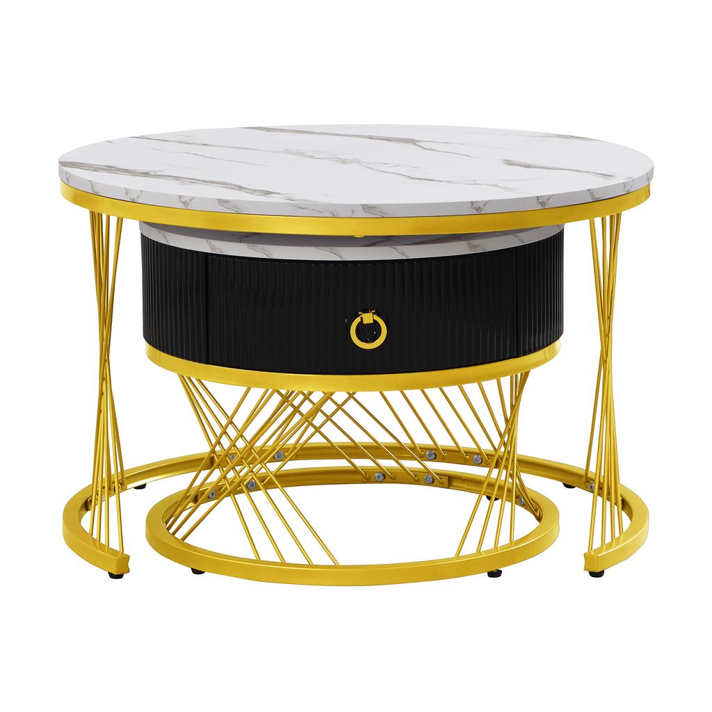Elegant Assemblable Coffee Table: Marble Look, Gold Decor, Side Table with Drawers – Set of 2
