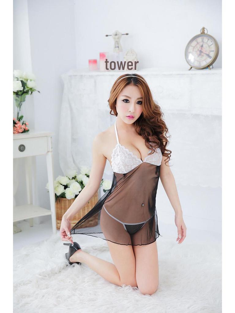 Plus Size Sexy See-Through Lace Suspender Lingerie with Low-Cut and Flared Skirt