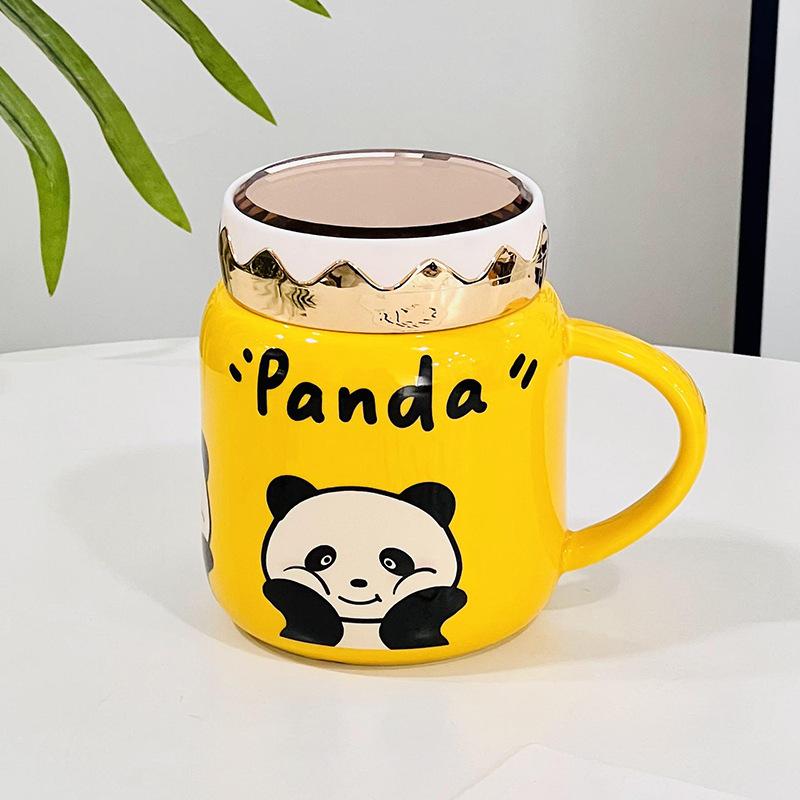Mirror Ceramic Cup with Lid Cute Cartoon Panda Mug Household Water Cup Gift Souvenir Cup High Appearance