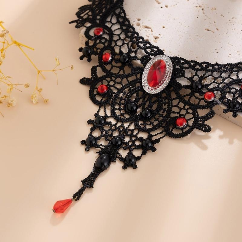 Elegant Lace Gothic Necklace with Blood Drop Pendant Women Choker Halloween Neck Chain Choker Retro Punk Accessories