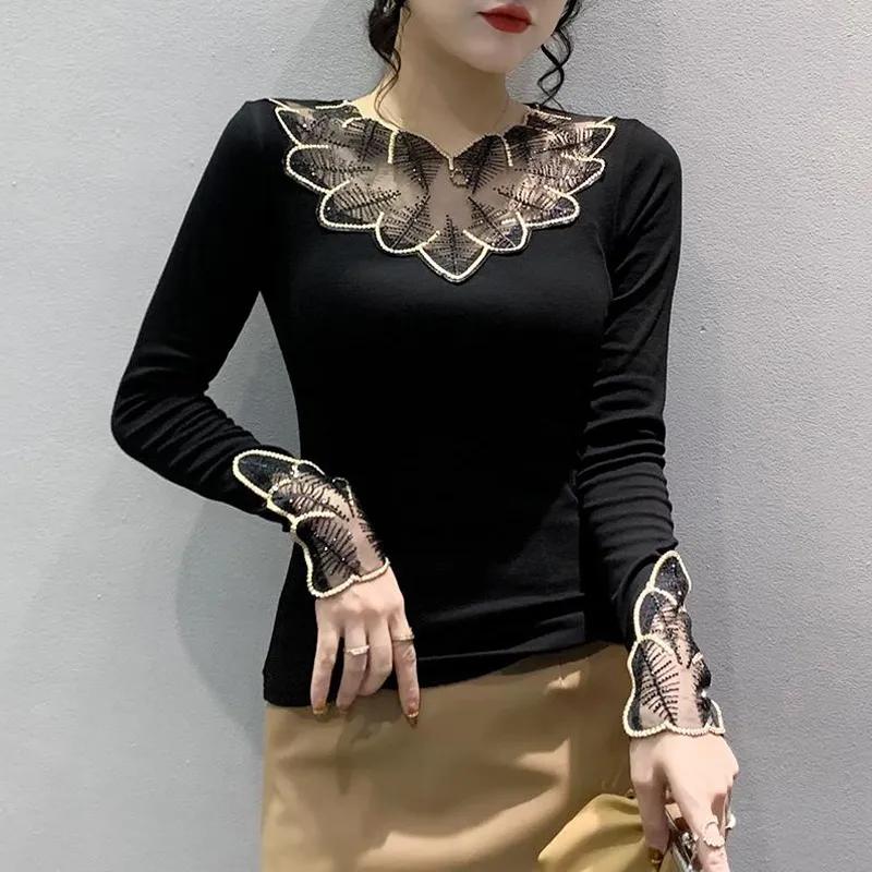 

Кружевная черная блузка с вышивкой, модная женская осенняя рубашка 2023 с длинным рукавом, топы с длинными рукавами и цветочным принтом, женские элегантные блузки 29433 XL чёрный