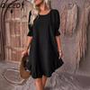 QICED Women's Fashion Summer Spring Solid Color Print Short Sleeve V-Neck High Waist Casual Dresses