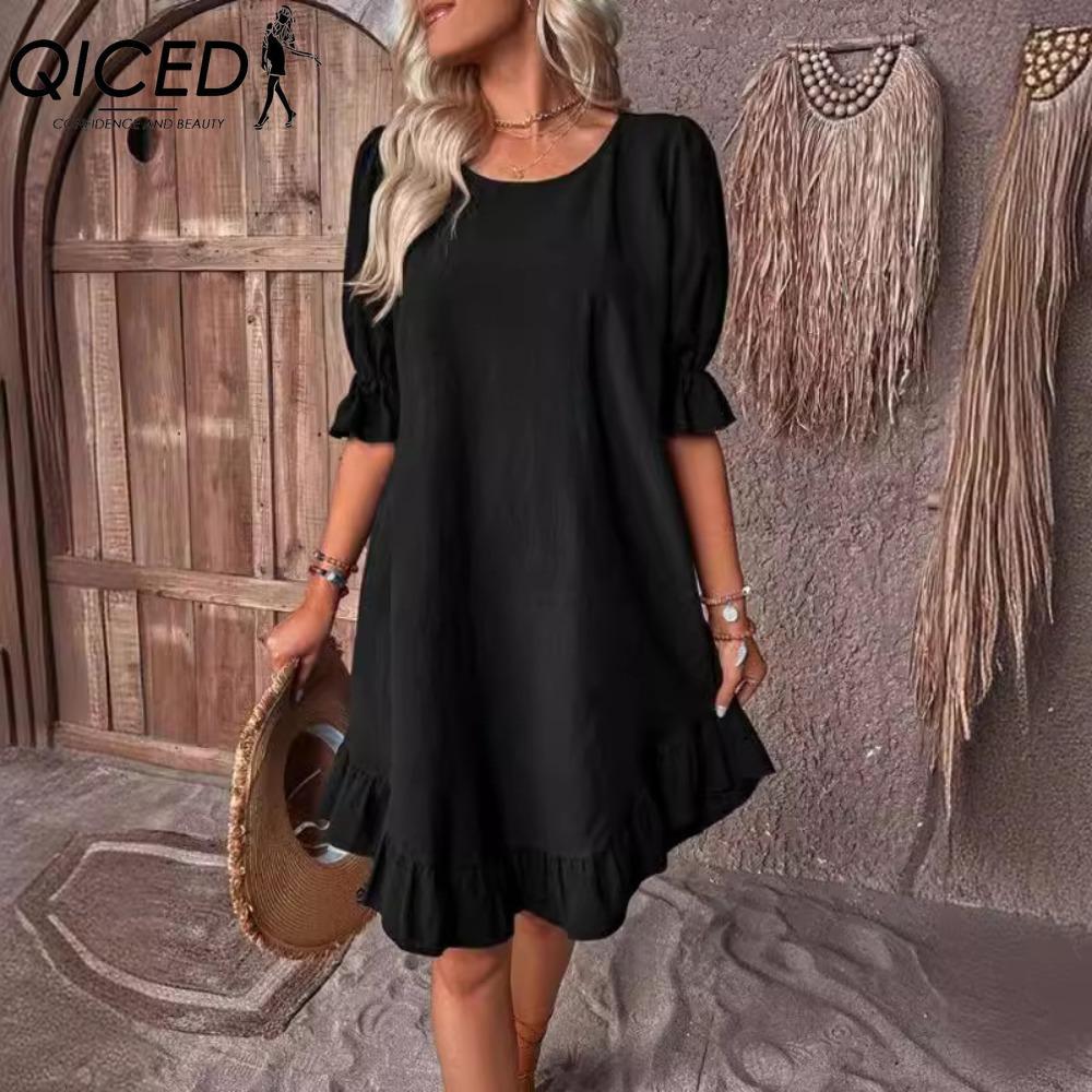 QICED Women's Fashion Summer Spring Solid Color Print Short Sleeve V-Neck High Waist Casual Dresses