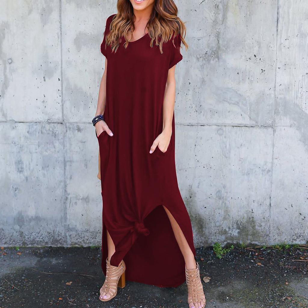 Women's V Neck Casual Summer Beach Long Dress Short Sleeve Split Loose Maxi Dress With Pocket