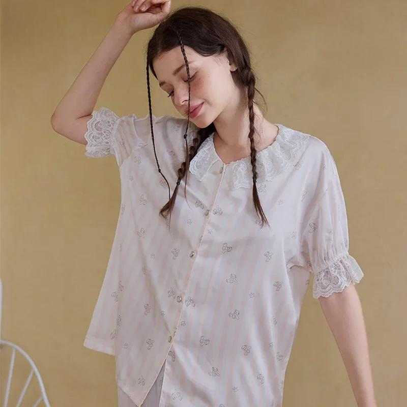 Lace Lapel Striped Bear Ice Silk Women's Home Wear Pajamas Imitation Silk Short-sleeved Suit Girly Style