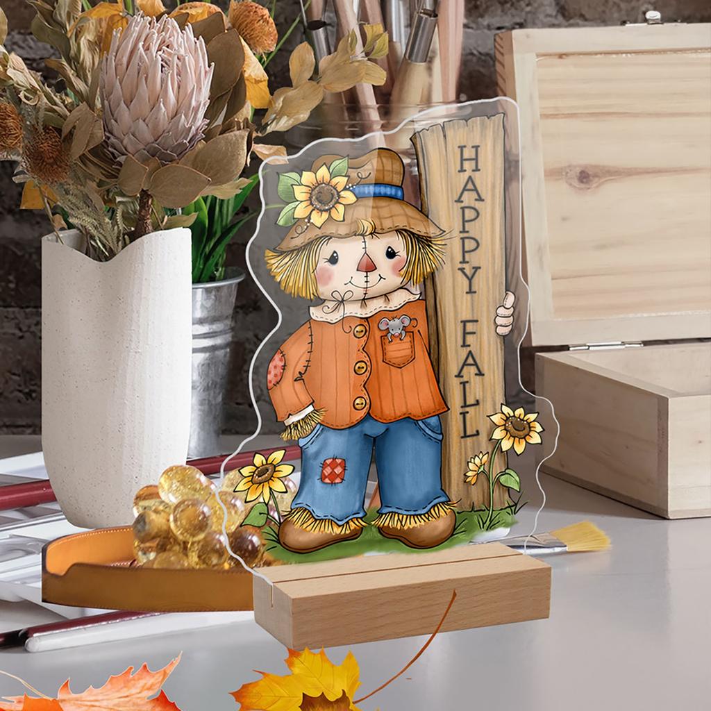 Thanksgiving Acrylic Scarecrow Gnome Tabletop Decor with Wooden Base Fall Harvest Seasonal Decoration for Indoor Display