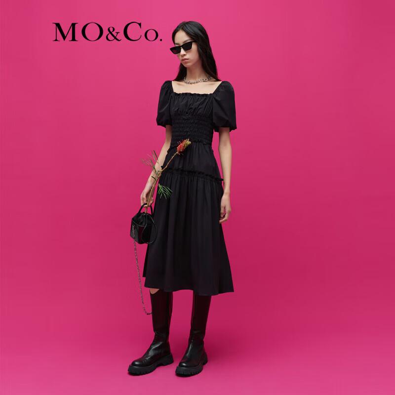 MO&Co. New Chinese Style Square Neck Puff Sleeve Gathered Midi Dress