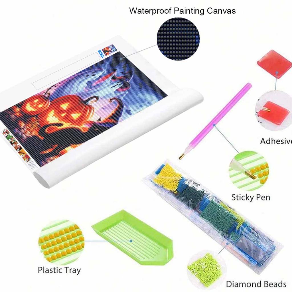 DIY Diamond Art Painting Kit Halloween Witch Pumpkins Pattern Full Drill Canvas Creative Handmade Craft Gift for Adults Decor Home