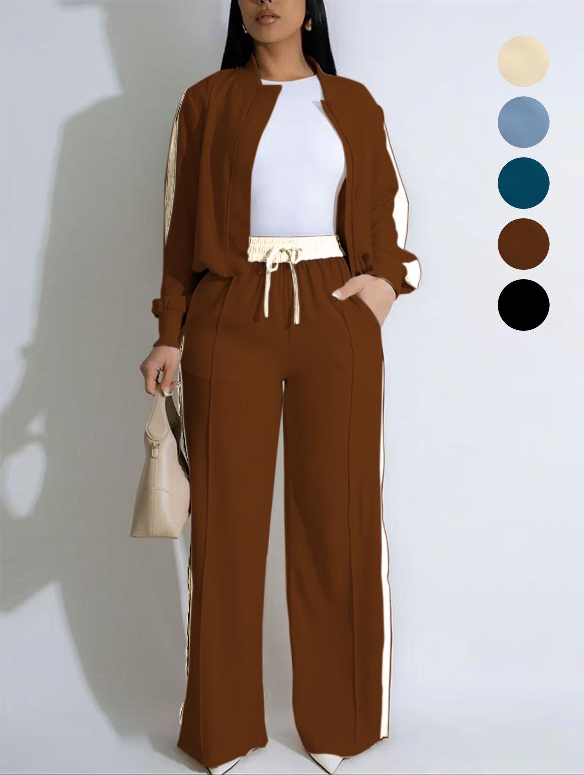 

European Fashion Color Block Hoodie & Wide-Leg Pants Set with Zipper Pockets - 2026 Collection Large