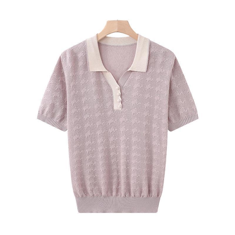 Summer Knit Lapel Ice Silk Top - Short-Sleeve T-Shirt for Middle-Aged & Elderly Women