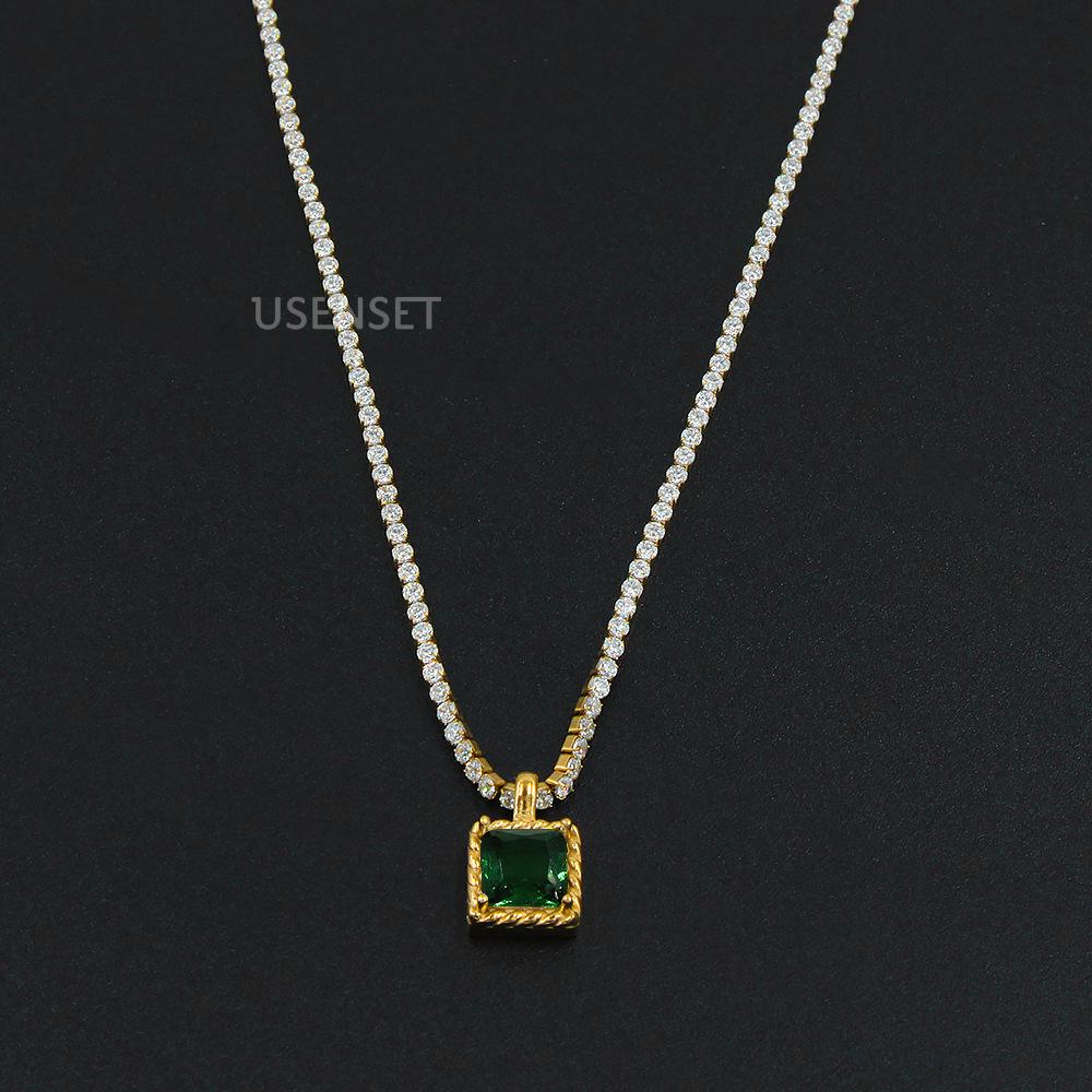 French Geometric Square Zirconia Pendant Necklace for Women, Real Gold-Plated Titanium Steel