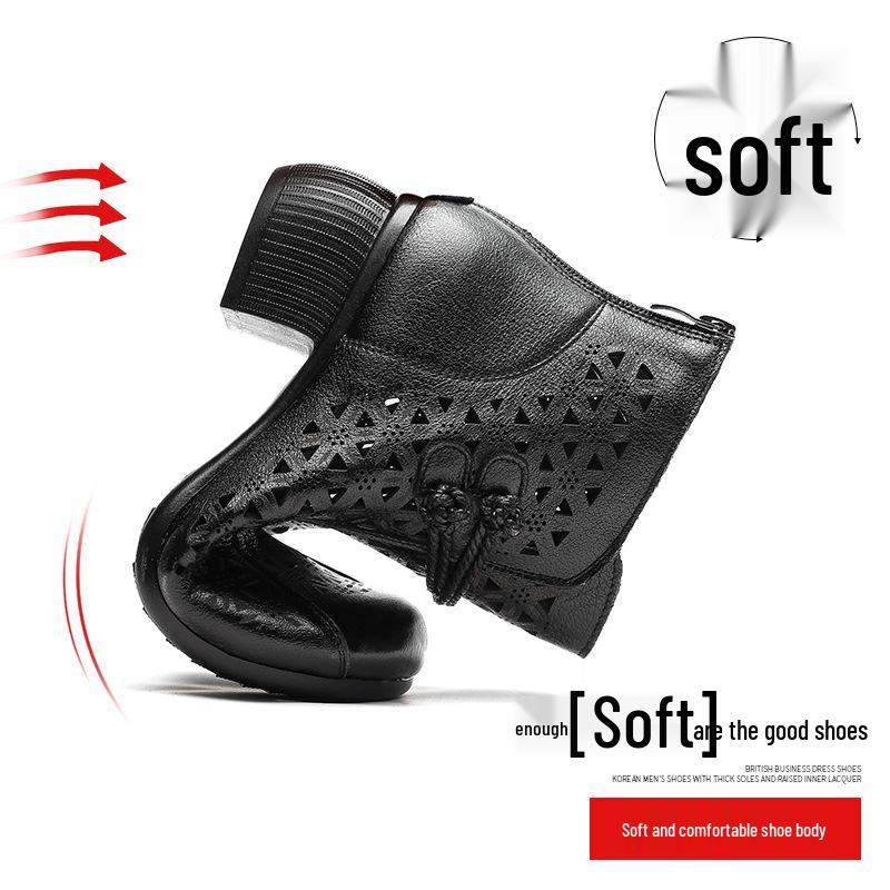 2025 Summer Genuine Leather Peep-Toe Perforated Mid-Heel Sandals - Women's Retro Chunky Heel Martin Boots.