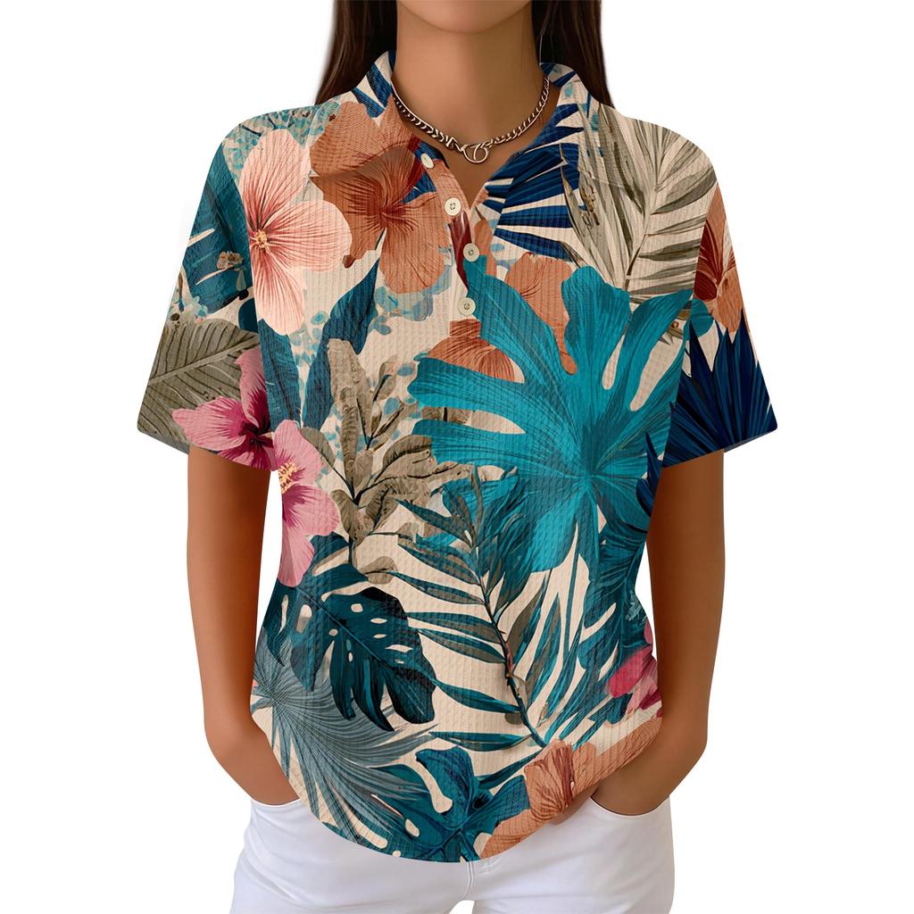 Women Casual Short Sleeve Hawaiian Print Waffle Knit Polo Shirt Lightweight Breathable Summer Top with Button Down Collar