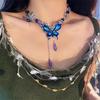 Super Fairy Retro Collarbone Chain, Blue Crystal Butterfly Tassel Light Luxury Personality Women Neck Chain
