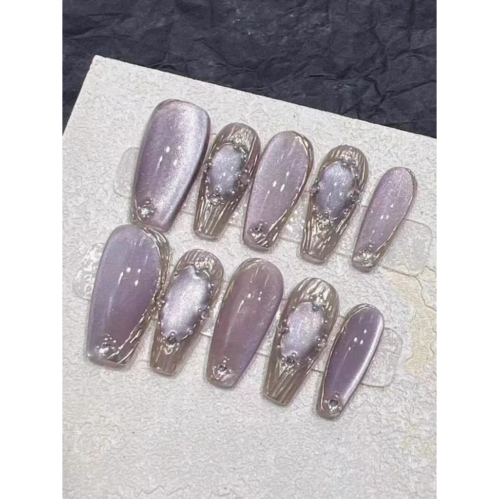 100 % HANDGEMACHTES künstliches Nagelset mit Kleber, Bachilati Magic Mirror, lila Katzenauge, kurzer Stil, blinkende Phototherapie-Nägel, wiederverwendbare und abnehmbare Nägel