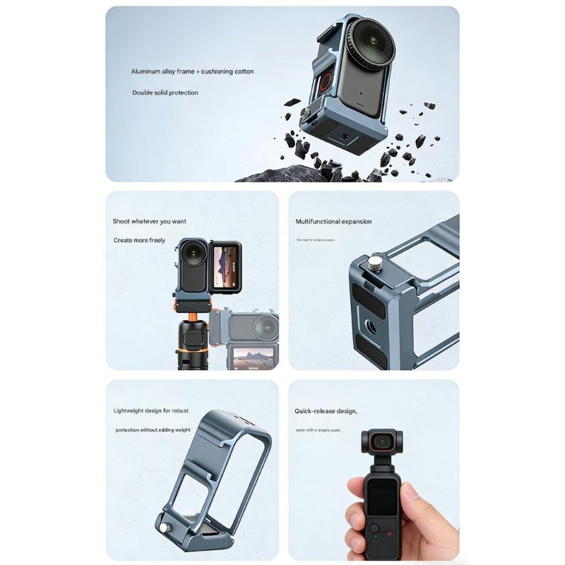 Aluminum Alloy Cage For Action Camera Protective Frame Shell With Cold Shoe Mount & 1/4Inch Screw Hole For Tripod