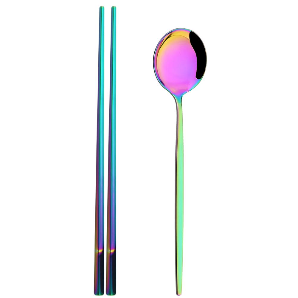 2Pcs Portable Black Tableware Stainless Steel Cutlery Set Spoon Chopsticks Set Western Lunch Dinner Set Travel Dinnerware