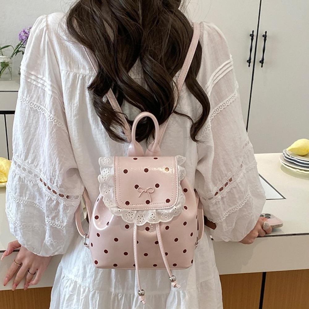 Cute Polka Dot Lace Backpack for Women Fashion Bow Decoration Small PU Leather Shoulder Bag