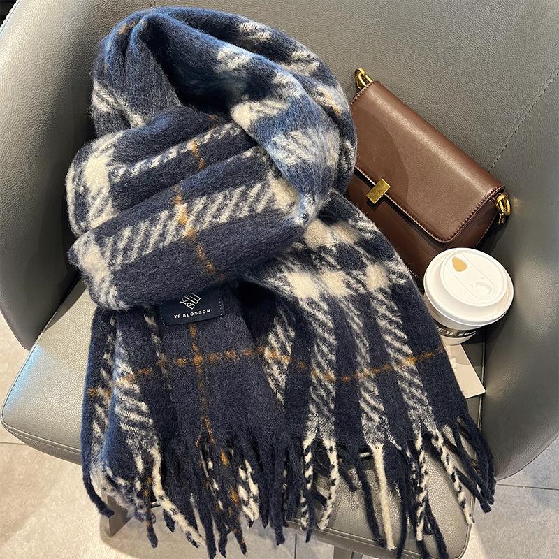 Korean Version Mohair Thickened Autumn and Winter Scarf Women's Versatile Atmosphere New Plaid Lazy Wind Warm Scarf