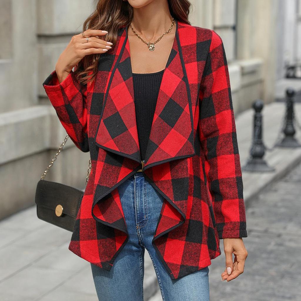 Dámská kostkovaná košile s dlouhým rukávem a nepravidelným kardiganem - Jarní styl pro dojíždění
