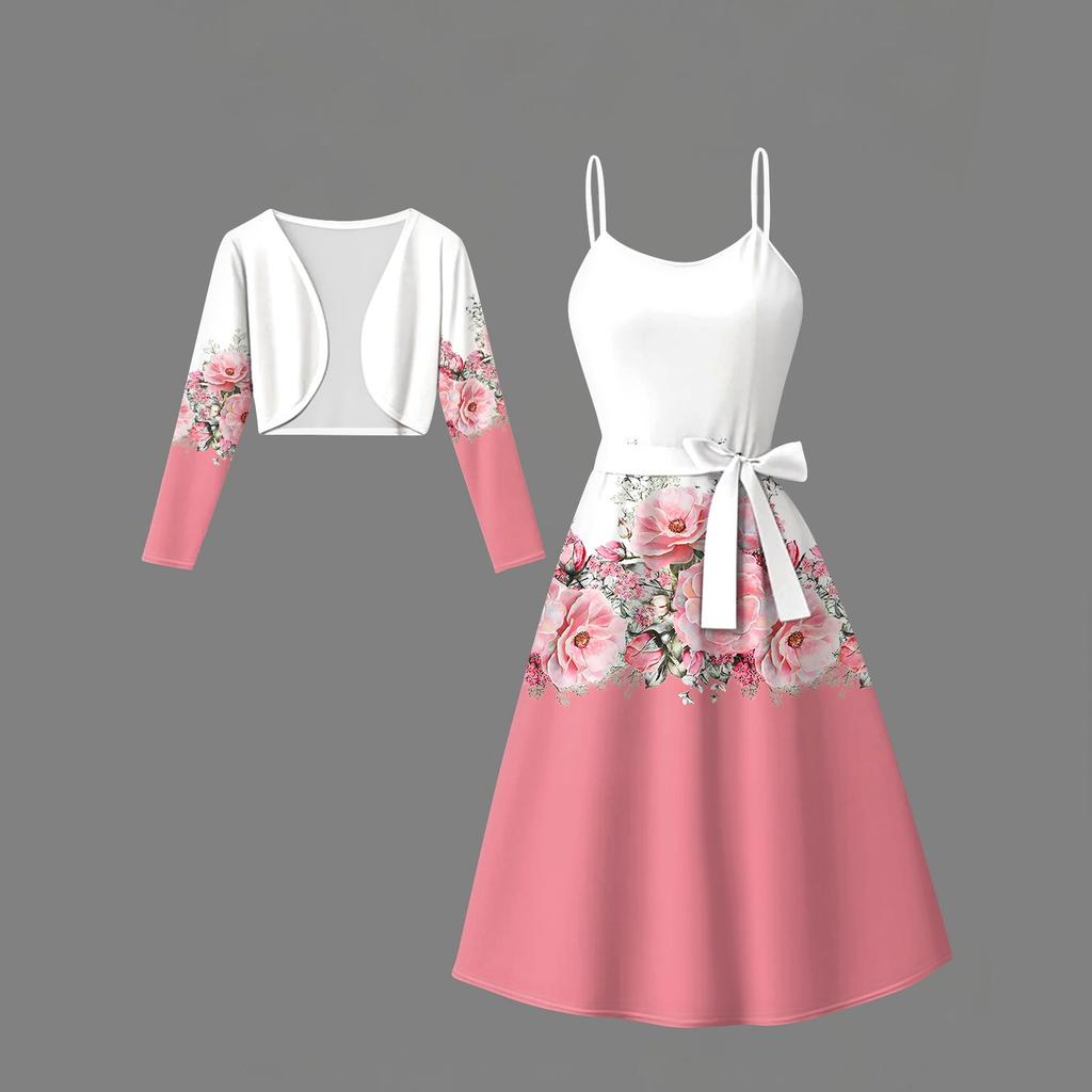 Women's  Fashionable And Casual Long-sleeved Short Cardigan Top + Belt + Strappy Dress Set