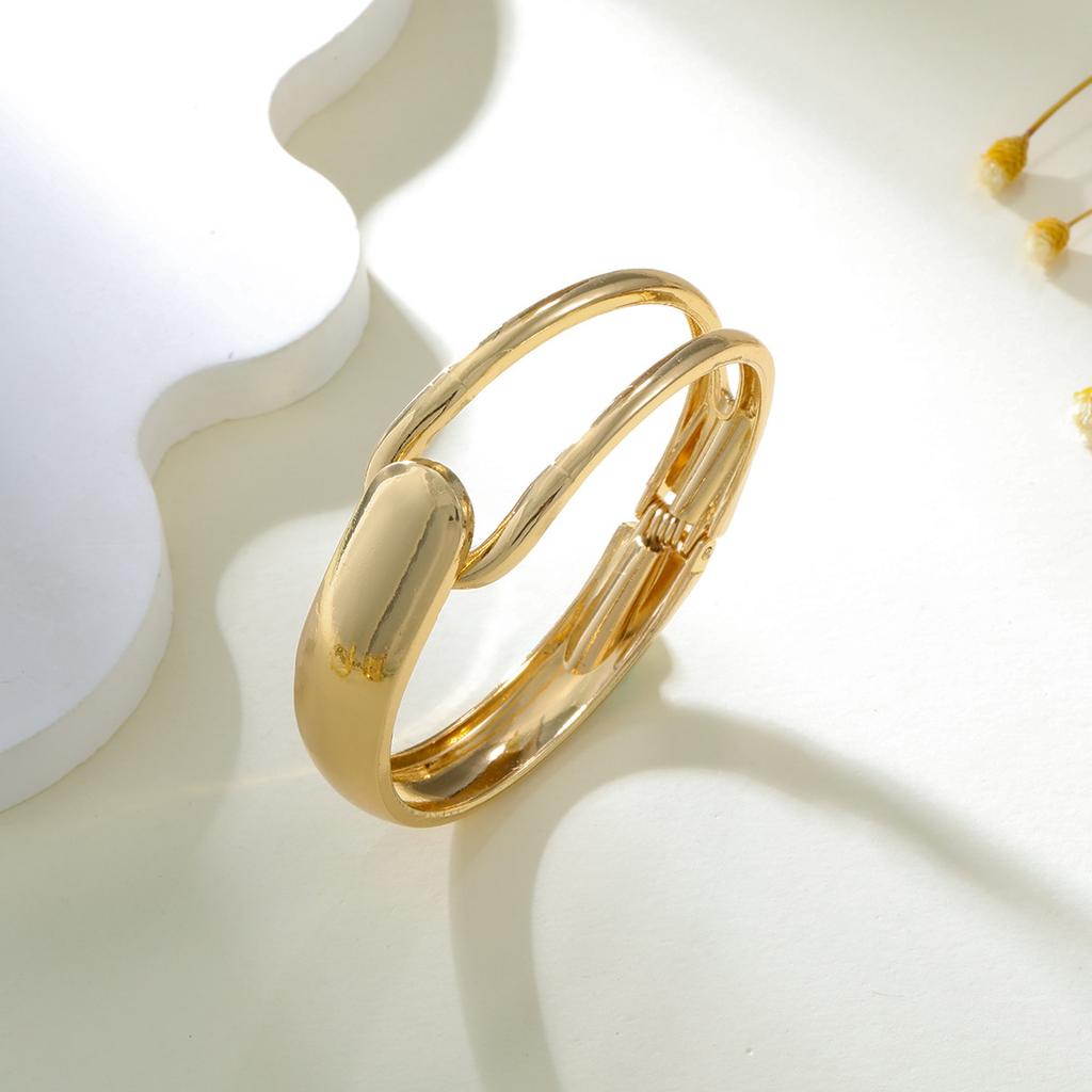 Smooth Gold Color Open Spring Bangles for Women Design Geometric Wide Cuff Bracelets Hand Jewelry