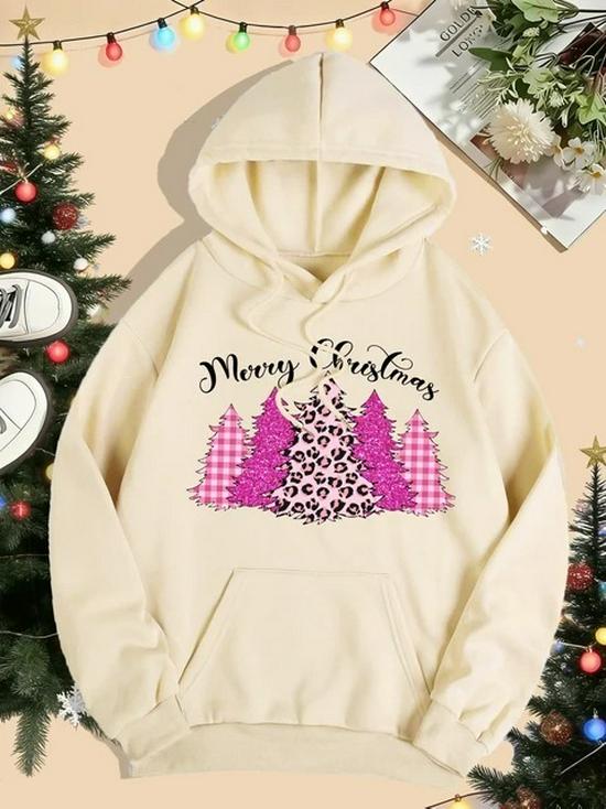 Women's Loose Pink Christmas Tree Hoodie Sweatshirt