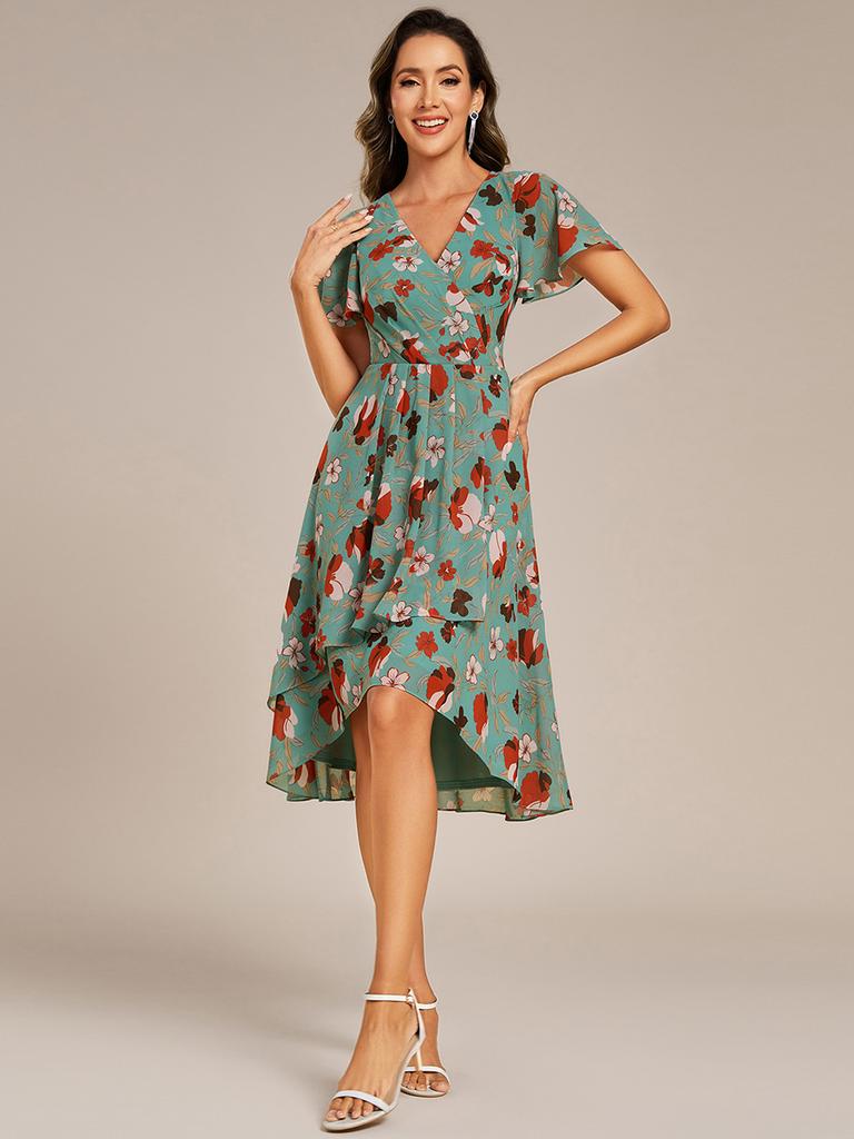 Ever-Pretty Women's Short Sleeve V-Neck Ruffled Floral Asymmetrical Midi Wedding Guest Dress