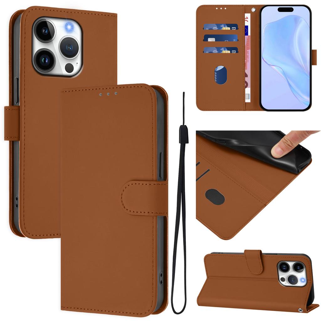 For iPhone 16 Pro Case Solid Color Wallet Leather Phone Cover with Strap