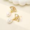 14k Gold-Plated Mother of Pearl Earrings with Zircon, Traditional Qipao Style